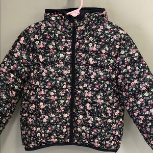 Girls' Floral Hooded Puffer Jacket - Black with Pink Flowers